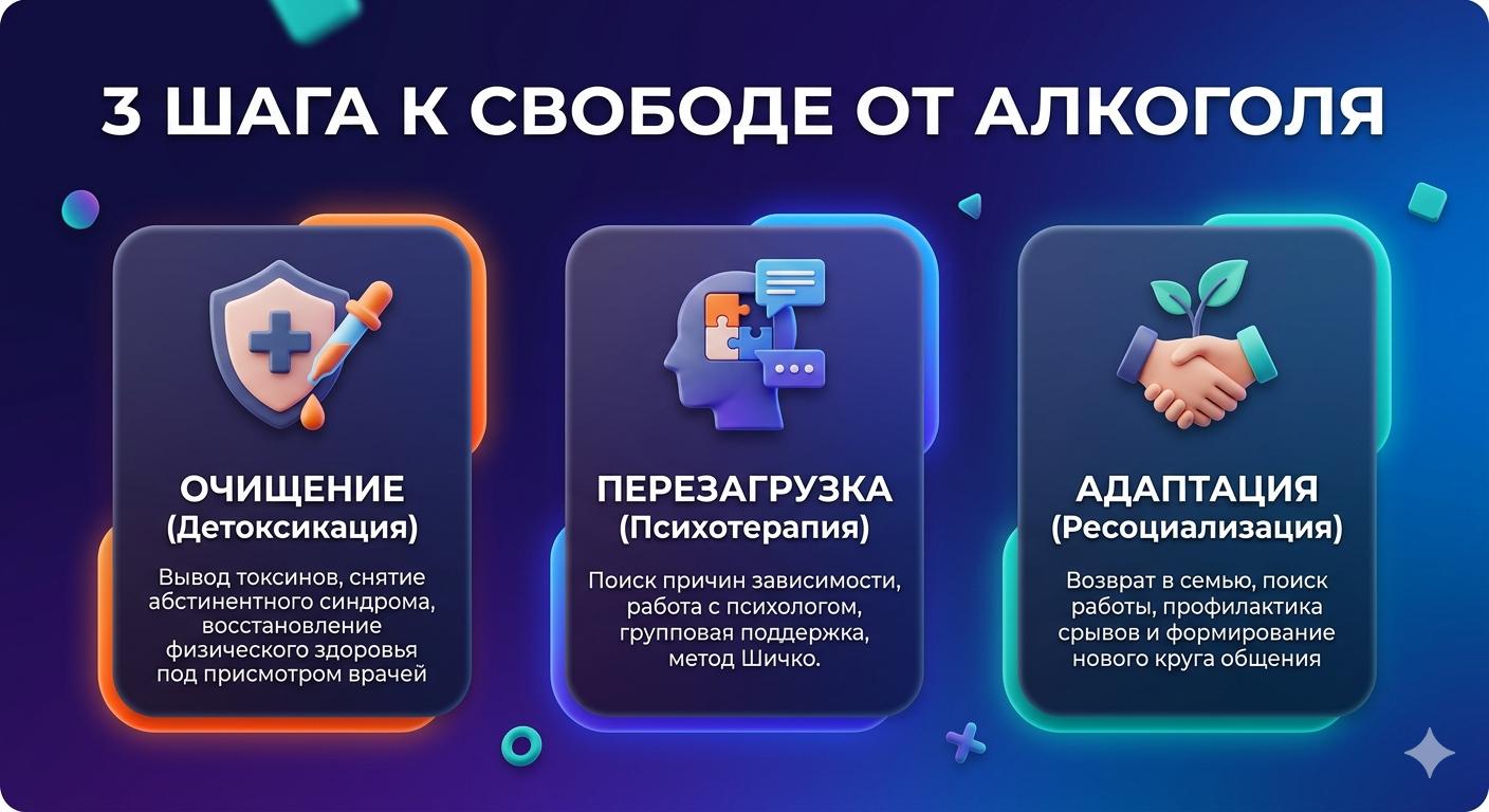 Инфографика «3 шага к свободе от алкоголя»: этапы детоксикации, психотерапии и социальной адаптации в реабилитационном центре.