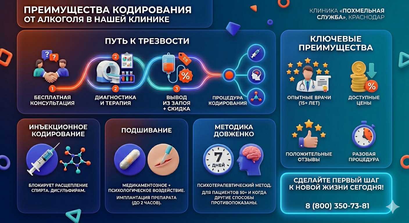 Инфографика о методах кодирования от алкоголя в Касумкенте: инъекции, подшивание, метод Довженко. Преимущества клиники и этапы лечения.