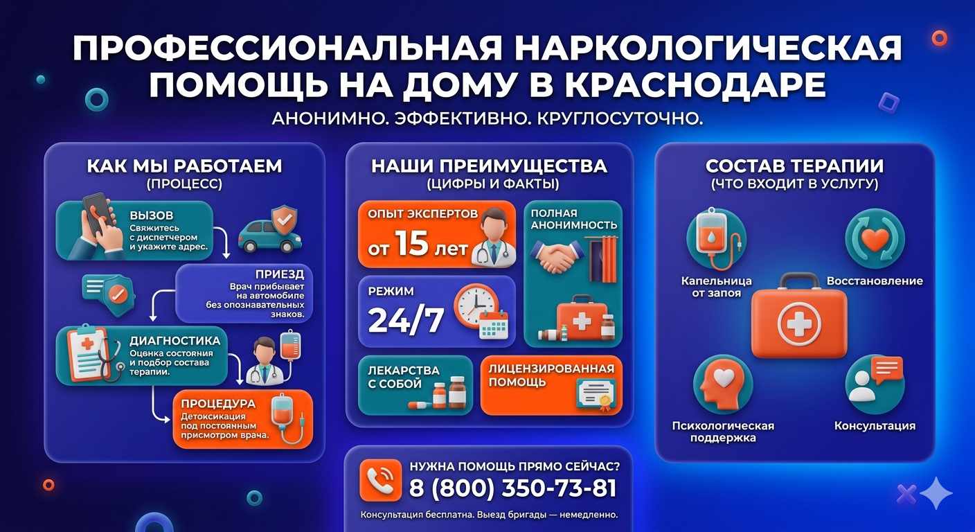 Инфографика о принципах лечения алкоголизма на дому в Касумкенте: этапы вызова нарколога, преимущества анонимной детоксикации и состав медицинской помощи.